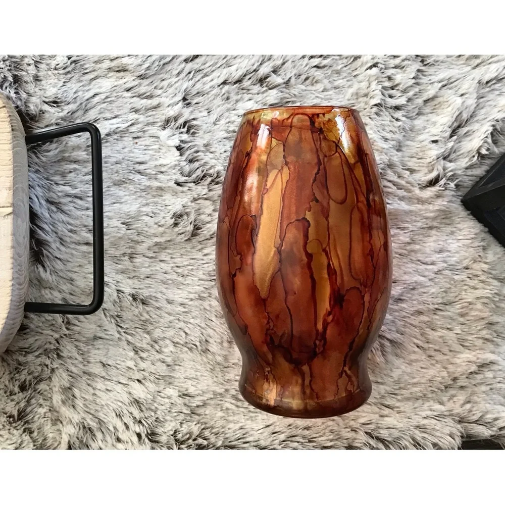 Hand crafted brown orange artisan glass vase painted with alcohol inks